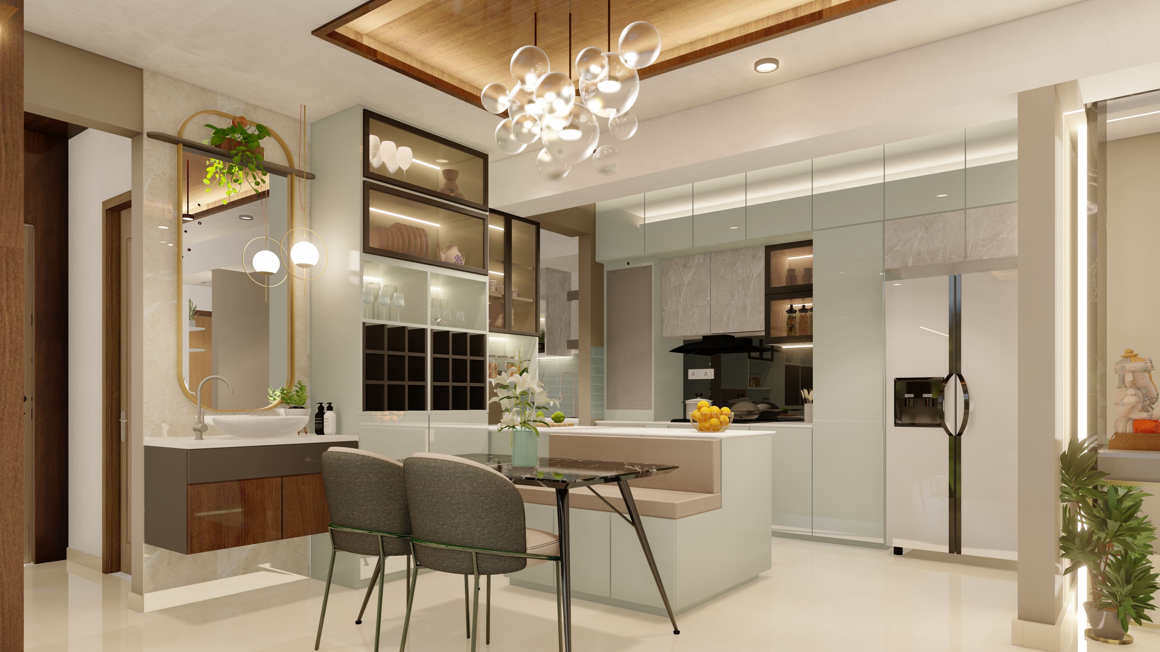 Modern Dining And Open Kitchen With Crockery Unit